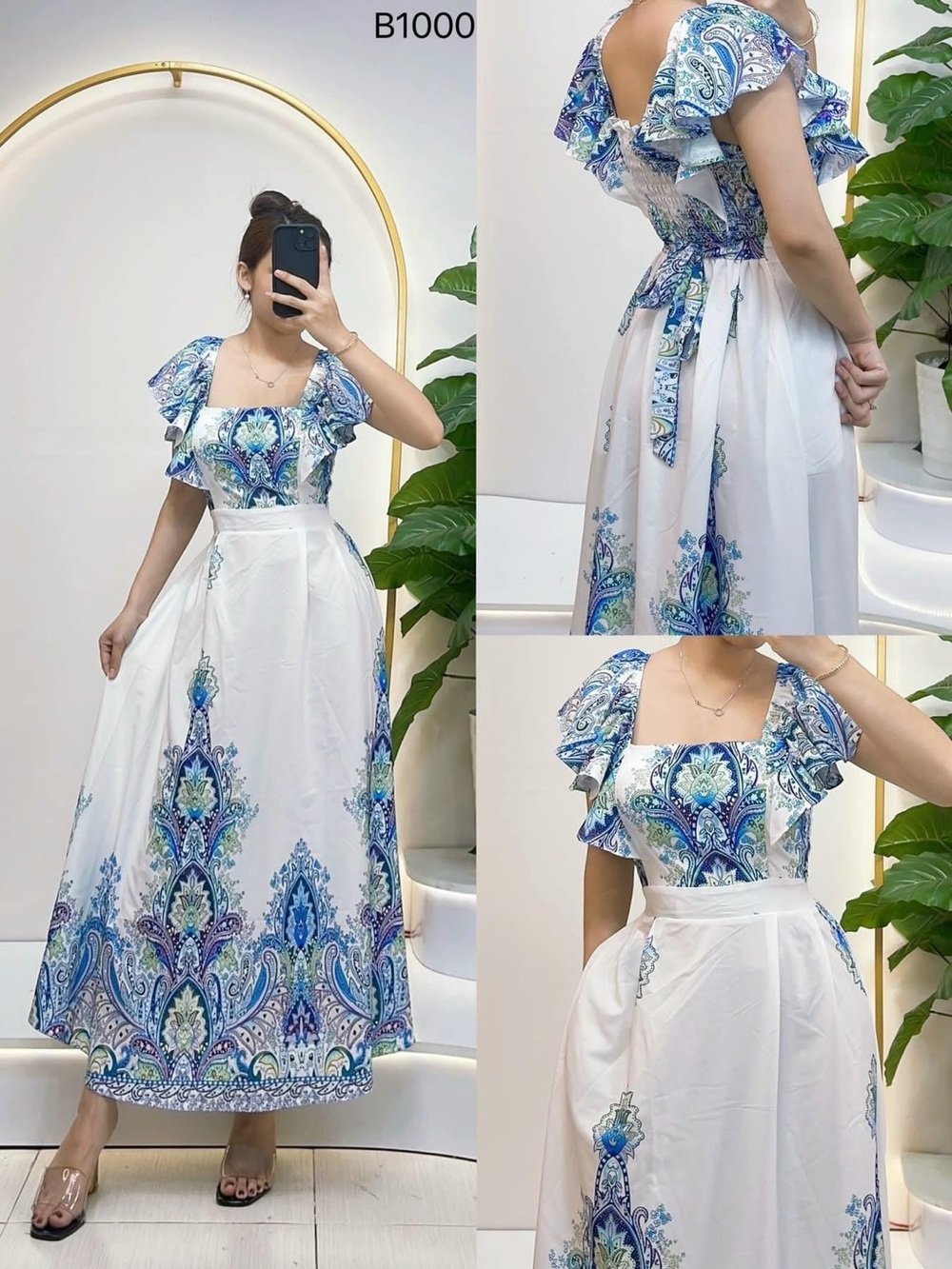 Blue Paisley Maxi Dress with Ruffled Sleeves